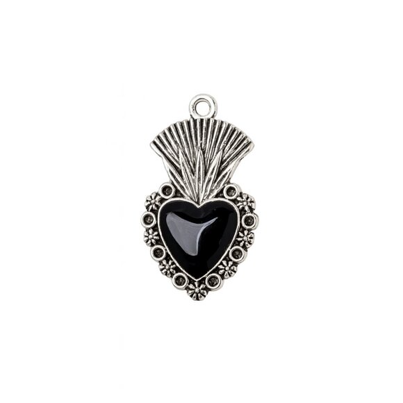 Black Enamel Sacred Heart Pendant with Floral Border - Picture 1 of 2